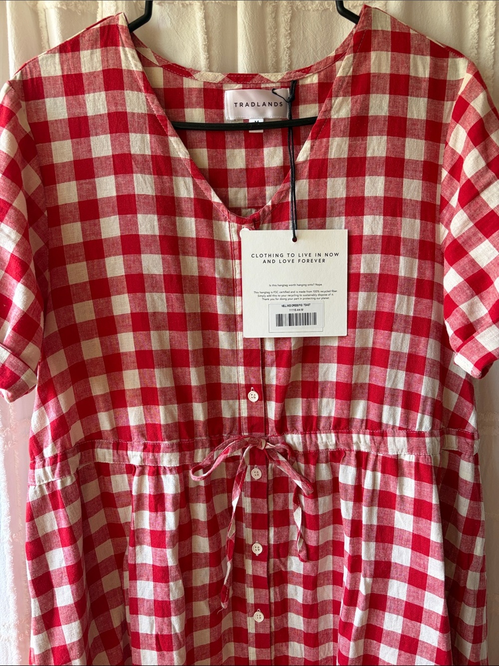 NWT Tradlands Red and White Gingham Button-Front Midi Dress with Waist Tie - Picture 2 of 6